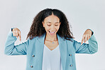 Advertising, excited and woman pointing down at product placement, deal or sale isolated in studio white background. Happy, smile and cheerful businesswoman smiling for promotion announcement