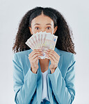 Portrait, eyes and cash with a business woman in studio on a gray background making a perfect hand gesture. Wow, finance and money with a surprised female employee holding euro bills for investment