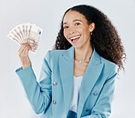 Portrait, happy and cash with a business woman in studio on a gray background making a perfect hand gesture. Smile, finance and money with a female employee holding euro bills for investment