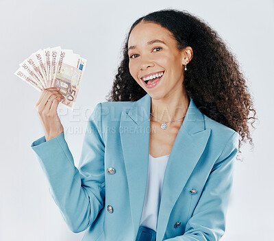 Buy stock photo Portrait, happy and cash with a business woman in studio on a gray background making a perfect hand gesture. Smile, finance and money with a female employee holding euro bills for investment