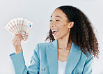 Winner, finance and cash with a business woman in studio on a gray background looking surprised or happy. Economy, wealth and money with a female employee holding euro bills for investment