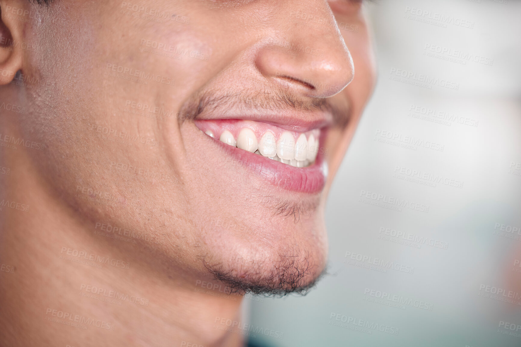 Buy stock photo Smile, dental care and the clean teeth of a man for hygiene, grooming and sanitary routine. Happy, healthcare and a cheerful guy showing results from tooth whitening, cleaning and oral hygiene