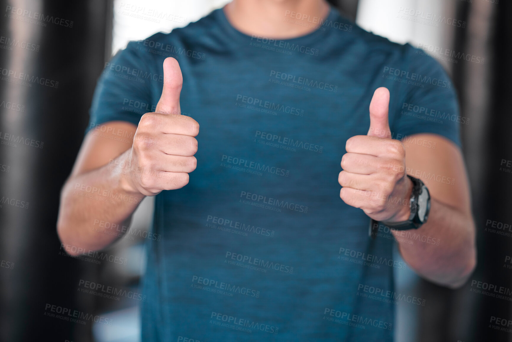 Buy stock photo Fitness, thumbs up and hands in gym for success, motivation and workout. Training, emoji and man or male athlete with hand gesture for yes, like or approval, agreement or ok, exercise goals or target