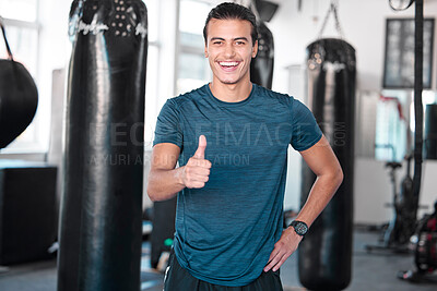 Buy stock photo Laughing, thumbs up and portrait of man in gym for success, motivation or workout. Comic, hand gesture or happy male athlete with emoji for yes, like or approval, agreement or fitness, goal or target