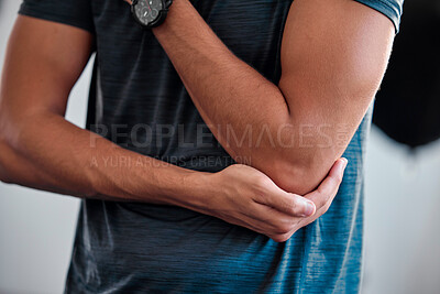 Buy stock photo Elbow injury, fitness and man in pain, first aid emergency and health risk of training, accident or wound fracture. Closeup male sports athlete, arm problem and inflammation of body joint in exercise