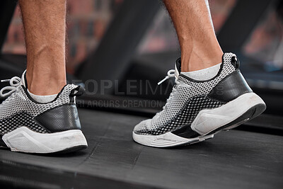 Buy stock photo Shoes, man and running on treadmill in gym for exercise, healthy fitness and cardio workout. Closeup athlete, feet and walking machine of sports training, energy and power of action, sneakers or legs