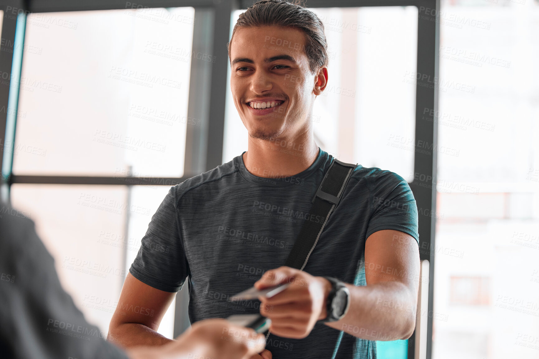 Buy stock photo Credit card, man smile and payment at gym for fitness membership or exercise subscription. Fintech pos, ecommerce and happy athlete buying or paying for workout or training bill at exercising club.