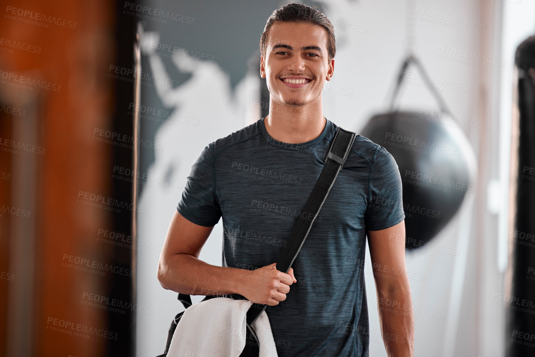 Buy stock photo Portrait, fitness and smile of man in gym ready to start workout, training or exercise. Sports, wellness and happy, proud and confident male athlete from Brazil preparing for exercising for health.