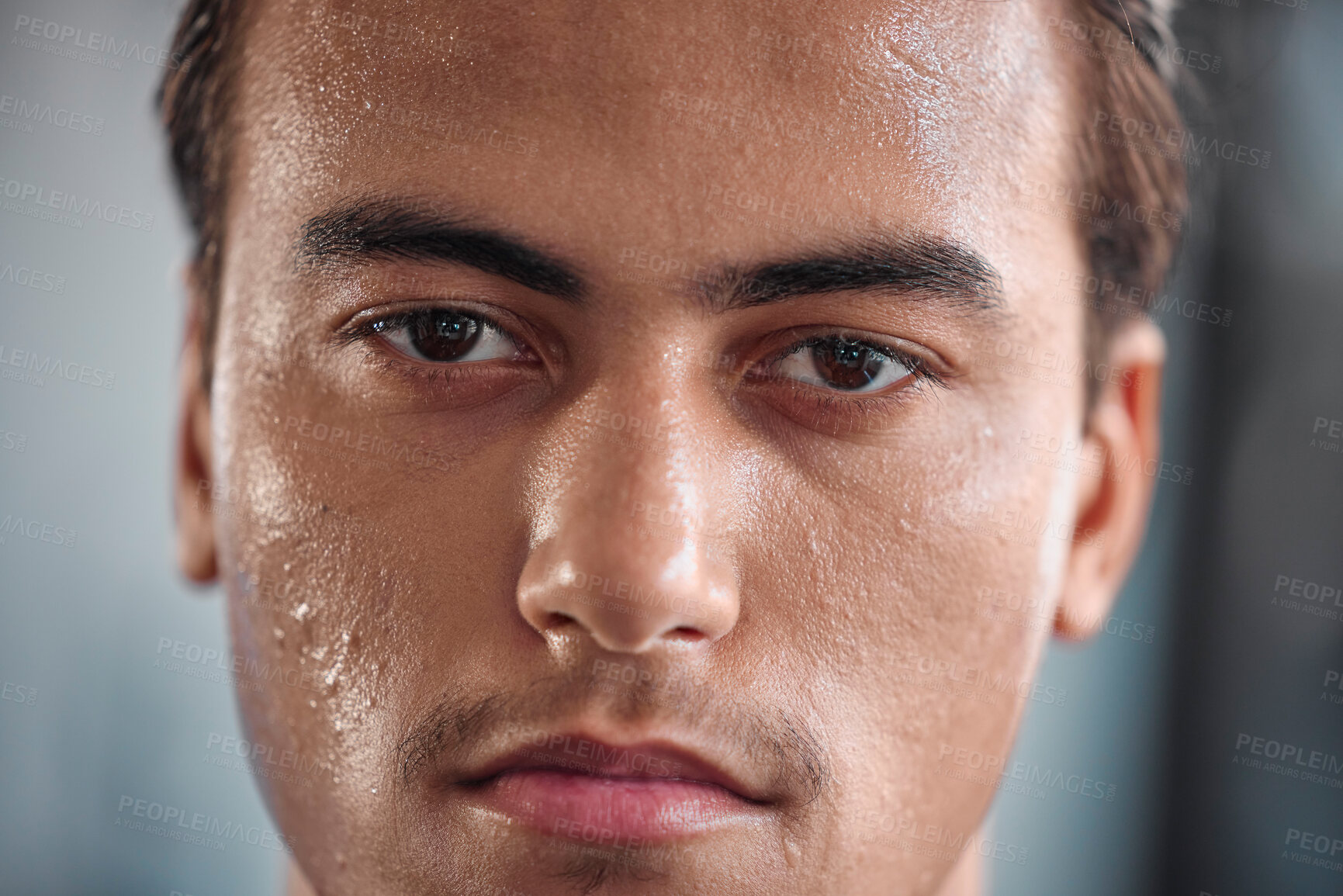 Buy stock photo Portrait, sweat and intense with a sports man closeup in the gym for a cardio or endurance workout. Fitness, exercise and focus with a male athlete taking a break after health training for wellness