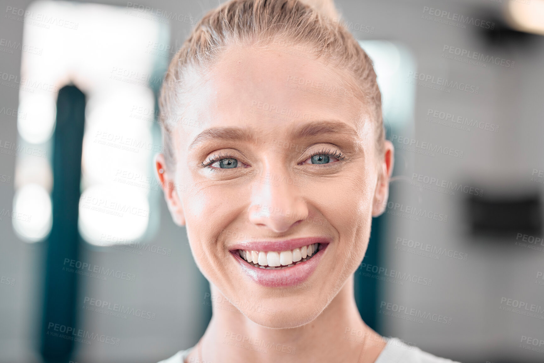 Buy stock photo Woman, fitness and face, happy in gym and portrait with  motivation, exercise and training at sports club. Health, active lifestyle and headshot with female and smile with workout and wellness