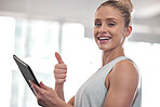 Tablet, fitness woman portrait and thumbs up of a happy female in a gym with training exercise app. Yes, agreement and motivation hand gesture of a personal trainer with a smile while checking data