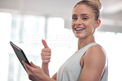 Buy stock photo Tablet, fitness woman portrait and thumbs up of a happy female in a gym with training exercise app. Yes, agreement and motivation hand gesture of a personal trainer with a smile while checking data