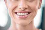 Woman, teeth and smile for dental care, surgery or healthcare hygiene and healthy wellness. Closeup of happy female face and mouth smiling for tooth whitening, oral or dentist treatment and grooming