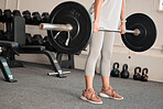 Fitness, weightlifting and woman in gym, barbell for bodybuilding and muscle training, strong with power and endurance. Exercise, health and female bodybuilder, workout equipment and active lifestyle