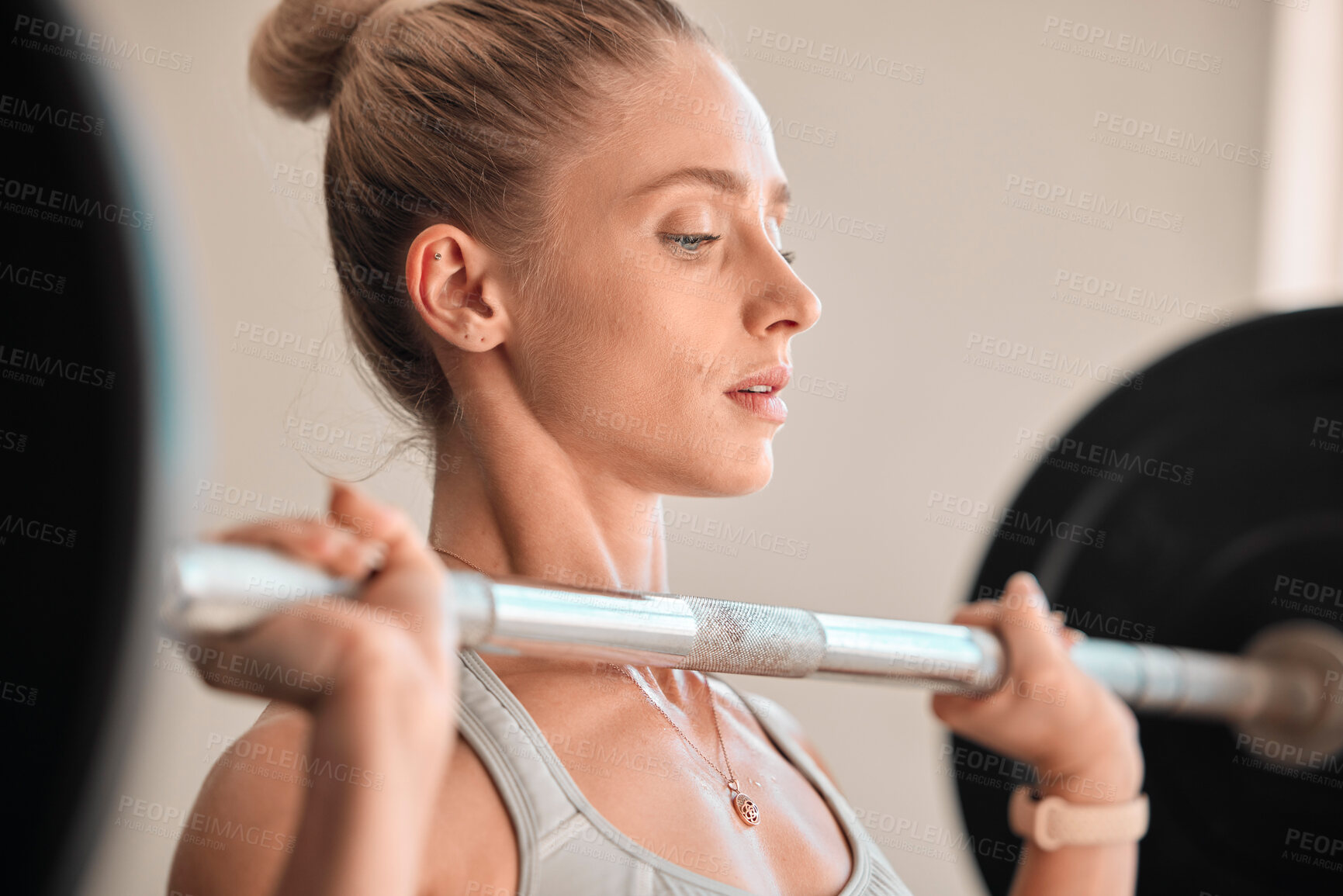 Buy stock photo Fitness, bodybuilding and a woman weightlifter in the gym for a workout to build a strong muscular physique. Exercise, weightlifting and a female bodybuilder training her body in a wellness center