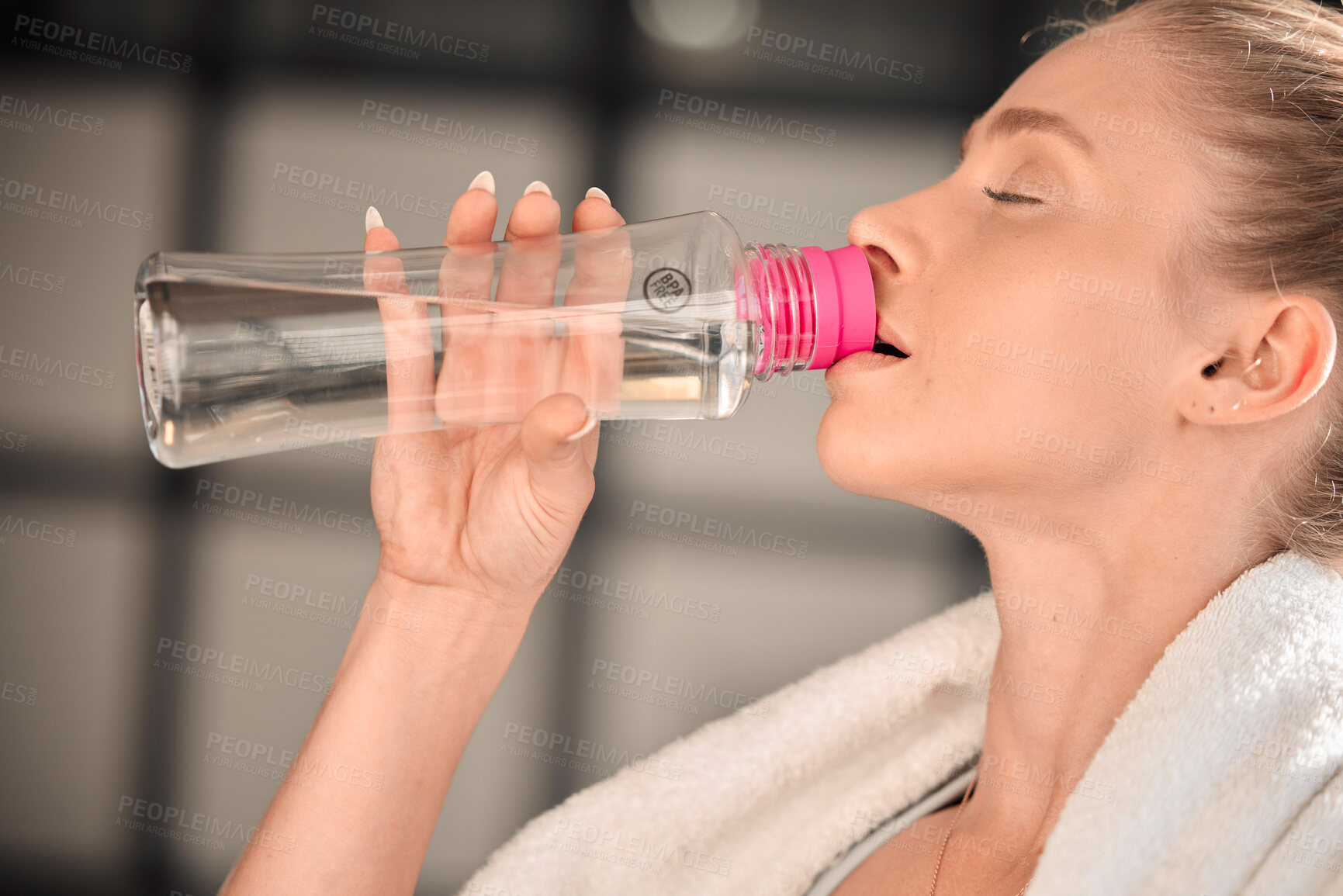 Buy stock photo Fitness, athlete and woman drinking water in gym after workout, training or exercise. Sports, nutrition and thirsty athletic female drink liquid aqua from bottle for hydration, health and wellness