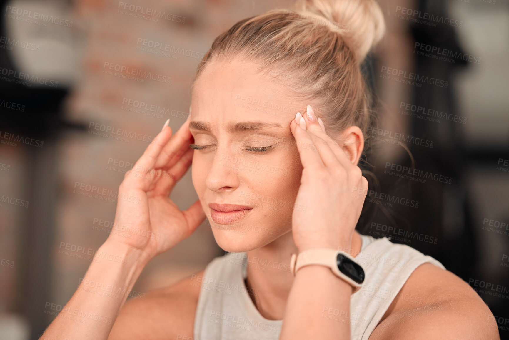 Buy stock photo Woman, headache and pain at gym for fitness, exercise anxiety and workout challenge. Face of female athlete with migraine, sports injury and frustrated in struggle of training problem, sick and tired