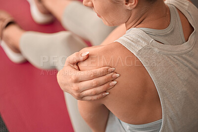 Buy stock photo Shoulder injury, woman and pain in gym from exercise, medical emergency and injured muscle, problem and above. Closeup female, arm and sports accident from workout, first aid and fitness health risk