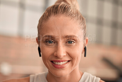 Buy stock photo Woman, face and happy in gym, earpods and listening to music for motivation to exercise with portrait and fitness. Health, active lifestyle and headshot with radio streaming, wifi and workout mockup