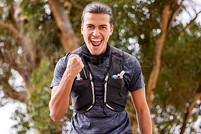 Buy stock photo Fitness, man and portrait smile in celebration for winning, achievement or accomplishment in nature. Happy and excited active male smiling for hiking, workout or exercise success for victory or win