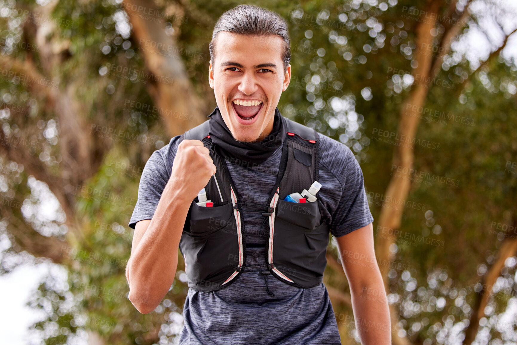 Buy stock photo Fitness, man and portrait smile in celebration for winning, achievement or accomplishment in nature. Happy and excited active male smiling for hiking, workout or exercise success for victory or win