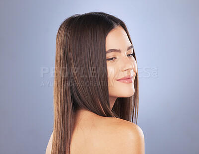 Buy stock photo Woman, beauty and hair care smile in studio for texture, growth and healthy shine on blue background. Aesthetic female model face for haircare, self love and cosmetics for salon or hairdresser mockup