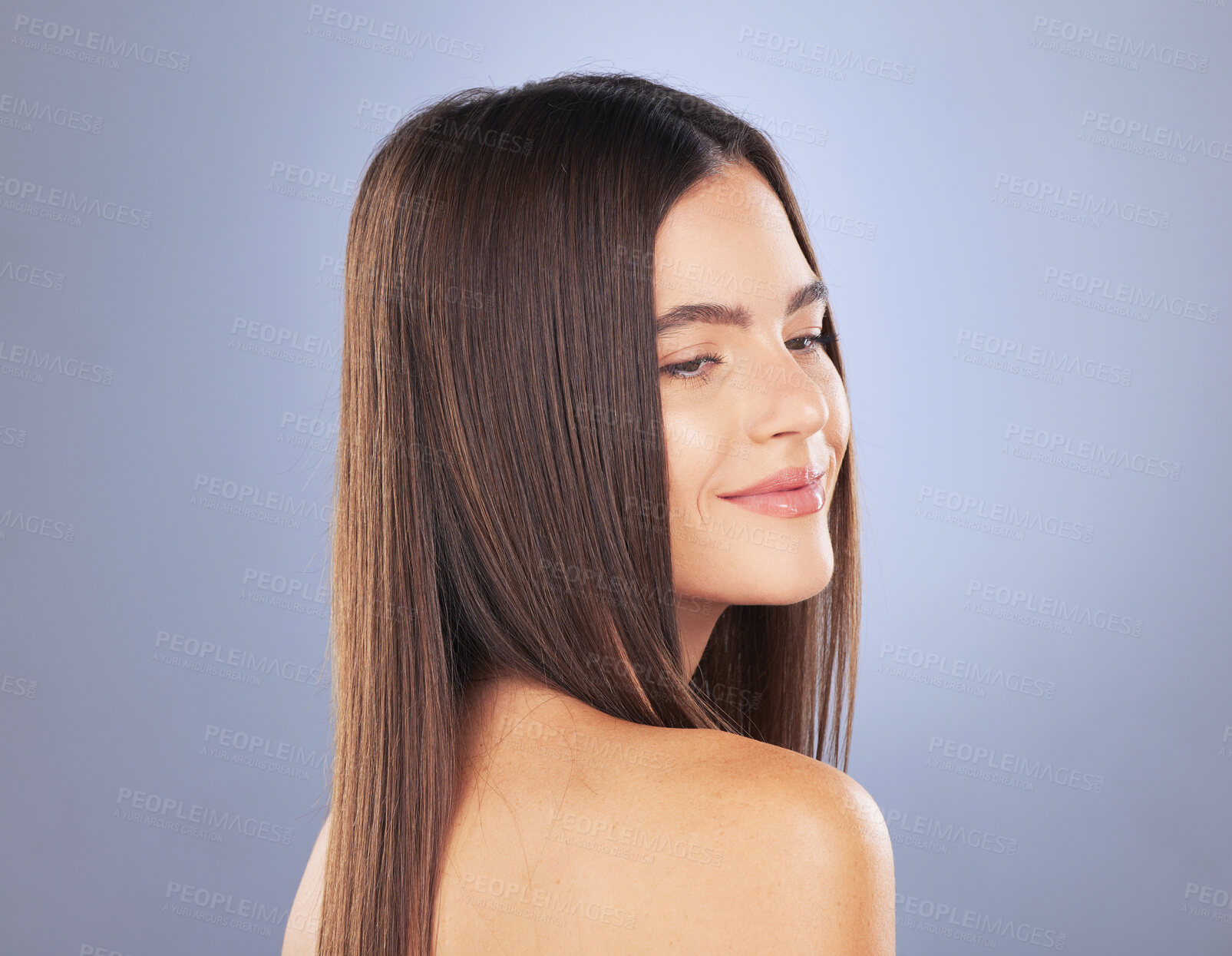 Buy stock photo Woman, beauty and hair care smile in studio for texture, growth and healthy shine on blue background. Aesthetic female model face for haircare, self love and cosmetics for salon or hairdresser mockup