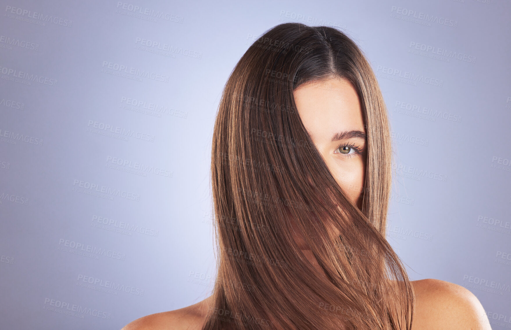 Buy stock photo Woman, beauty and hair portrait in studio for space, growth and healthy shine on blue background. Aesthetic female model for haircare texture, self care and cosmetic results for salon or hairdresser