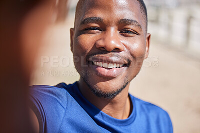 Buy stock photo Selfie, fitness and smile with portrait of black man for running, wellness and happiness. Social media, influencer and photography with male jogger in outdoors for picture, exercise and training