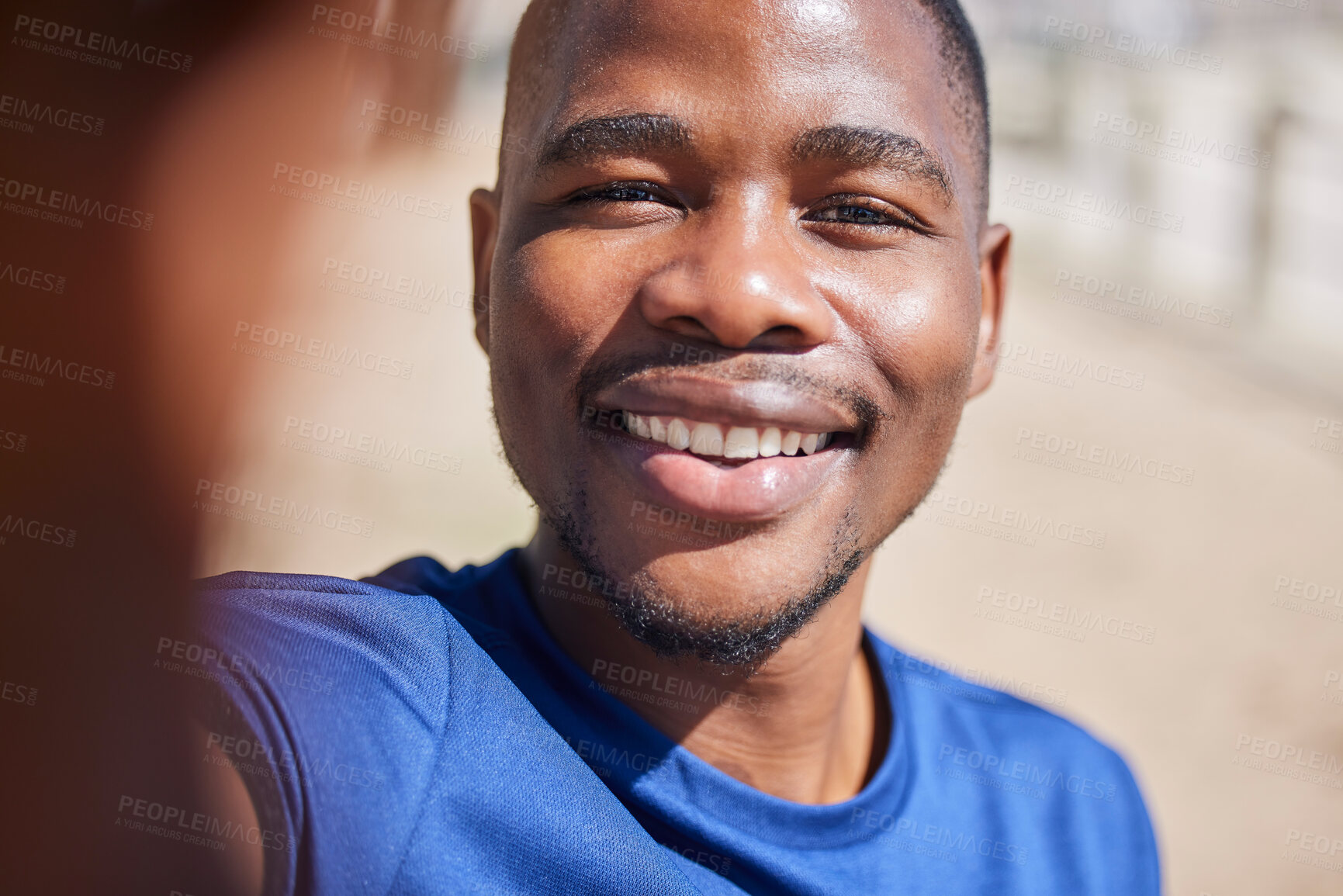 Buy stock photo Selfie, fitness and smile with portrait of black man for running, wellness and happiness. Social media, influencer and photography with male jogger in outdoors for picture, exercise and training