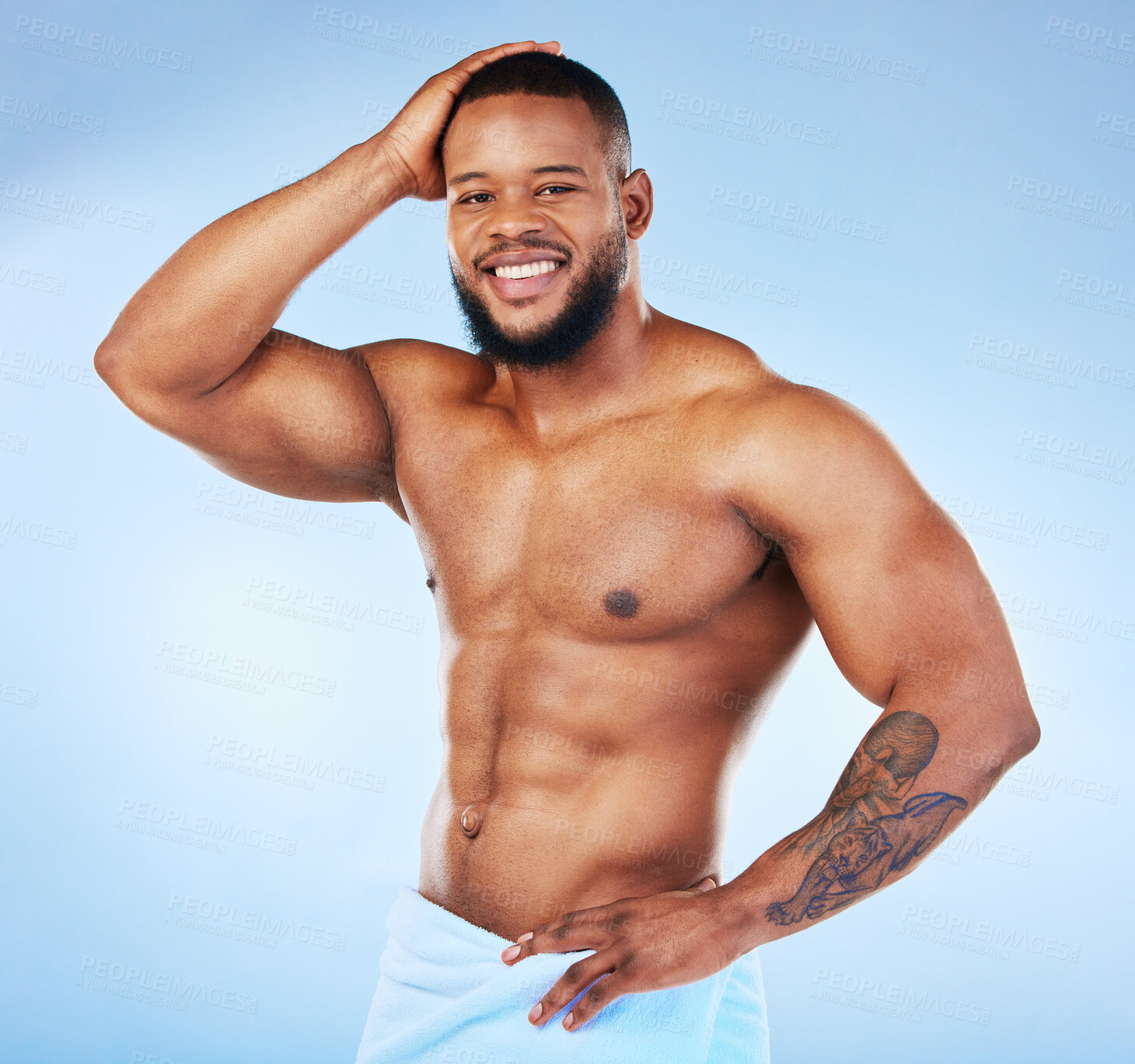 Buy stock photo Towel, shower and fitness portrait of a black man with happiness from bodybuilder muscle. Cleaning, skincare and wellness after workout and exercise with isolated, studio and blue background
