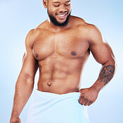 Black man, fitness and body, weightloss and measuring tape with abs, health  and active on blue bac Stock Photo by YuriArcursPeopleimages