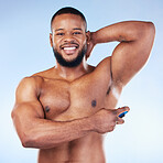 Deodorant, portrait and black man with smile in studio for beauty, grooming and body hygiene on blue background. Skincare, health and male spraying aerosol, fragrance and scent product for underarm