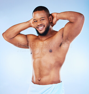 Black man, fitness and body, weightloss and measuring tape with abs, health  and active on blue bac Stock Photo by YuriArcursPeopleimages