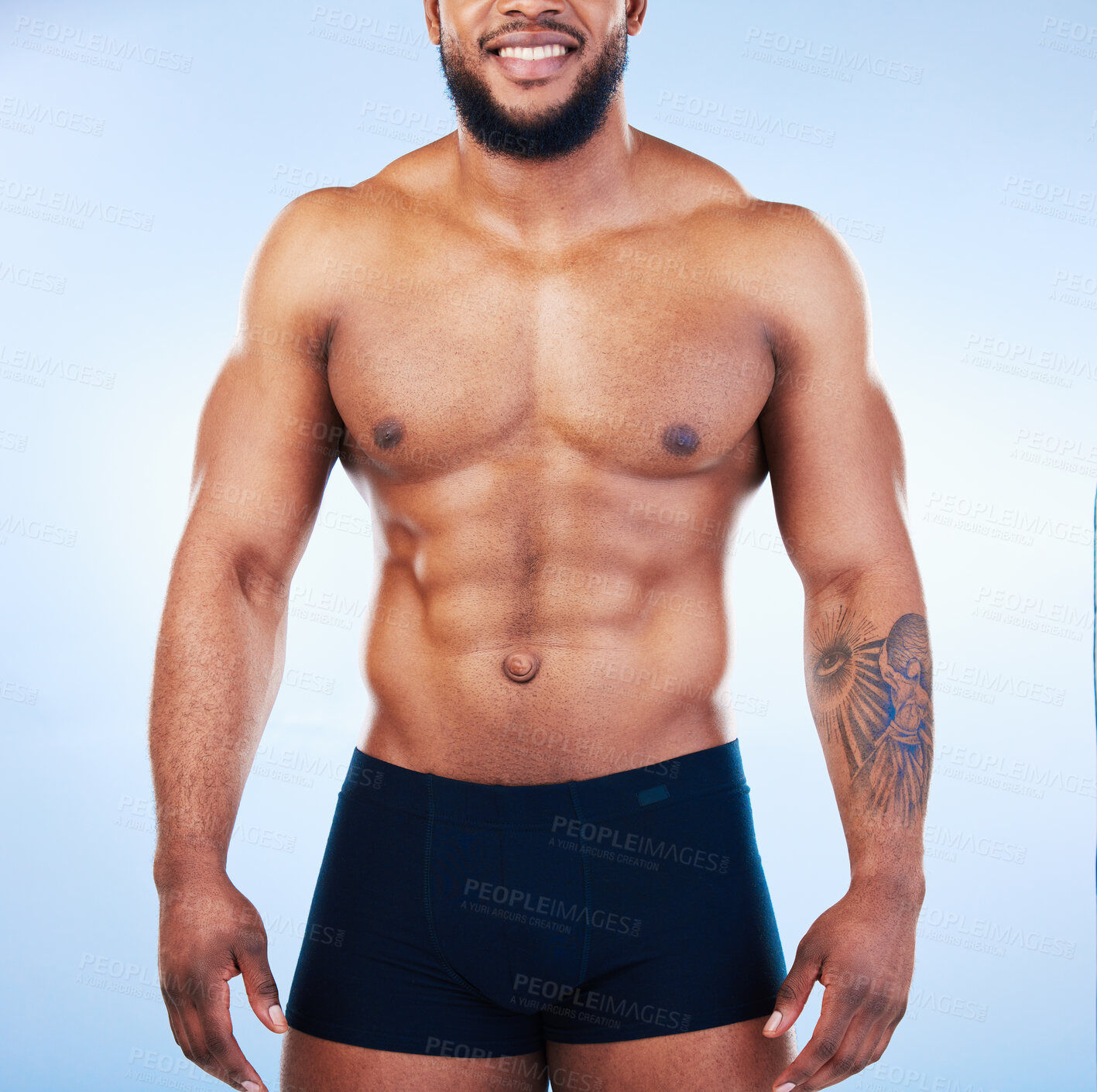Buy stock photo Black man in underwear, fitness and body with abs, healthy and active, muscle and strong on blue backgroun. Shirtless male, exercise and bodybuilder, bare abdomen and workout with smile in studio