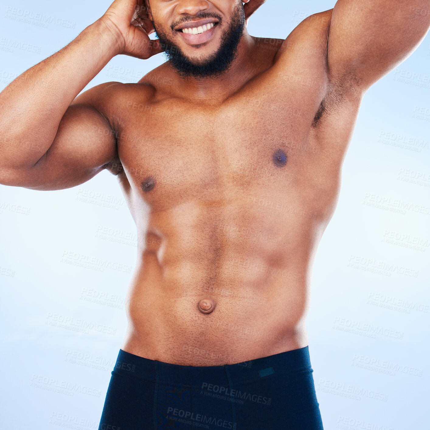 Buy stock photo Black man, fitness and body, smile and abs, healthy and active with muscle and strong on blue background. Shirtless male, exercise and bodybuilder with bare abdomen, workout and wellness in studio