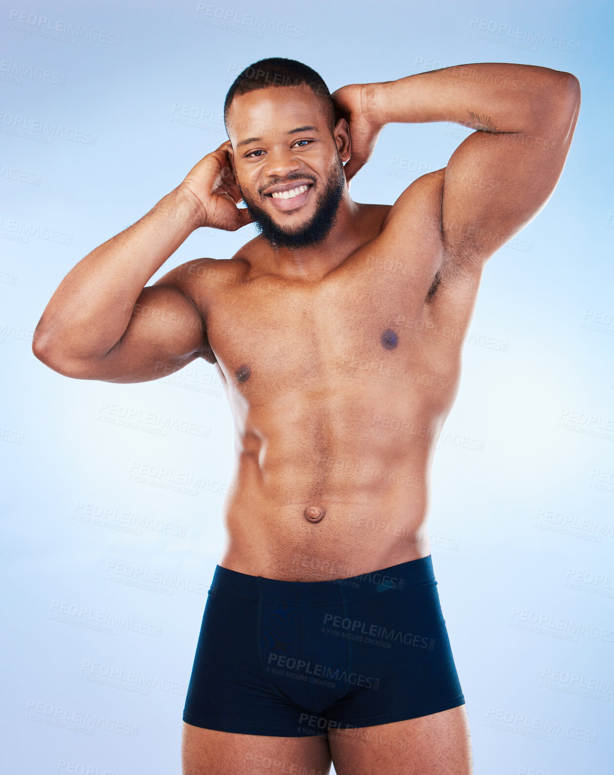 Buy stock photo Black man, fitness and body, smile in portrait and abs, healthy and flex arms, muscle and strong on blue background. Shirtless male in underwear, exercise and bodybuilder with bare abdomen in studio