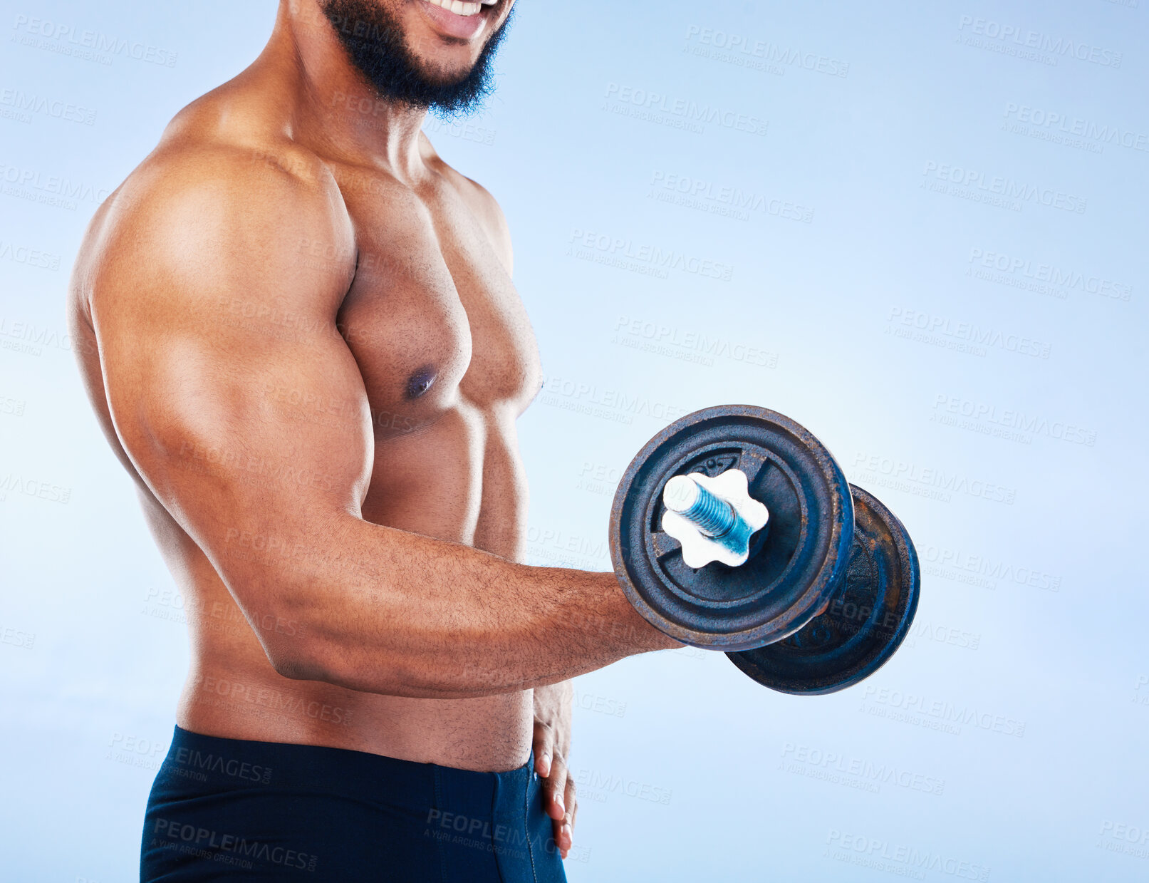 Buy stock photo Black man, fitness and weightlifting with dumbbell, biceps and muscle training with endurance on blue background. Health, strong and power with challenge, male flexing arms and bodybuilder in studio