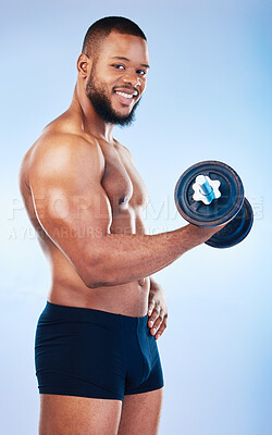 Black man, exercise and weightlifting, dumbbell and biceps muscle training,  smile in portrait on blue background. Health, strong and power, male  flexing arms and bodybuilder with underwear in studio