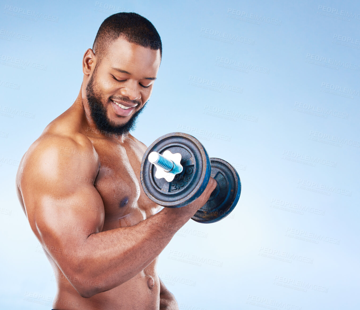 Buy stock photo Black man with smile, fitness and bodybuilder, weightlifting with dumbbell and biceps, muscle training on blue background. Health, strong and power, male flexing arms and workout challenge in studio