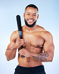 Baseball player, black man and studio portrait with smile, shirtless and happy for sports by blue background. Young fitness expert, body wellness and bat in hands for development, sport and workout