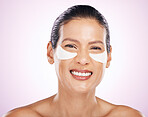 Face, skincare and woman with eye patches in studio isolated on a purple background. Dermatology portrait, cosmetics and happy, mature and female smile with facial mask for collagen and healthy skin.