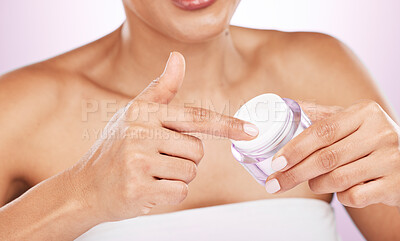 Buy stock photo Hands, cream jar and skincare of woman in studio isolated on a purple background. Dermatology, beauty cosmetics or female model holding lotion container, creme or moisturizer product for healthy skin