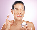 Face, cream jar and skincare of woman in studio isolated on purple background. Mature portrait, cosmetics and happy female model with dermatology lotion, creme or moisturizer product for healthy skin