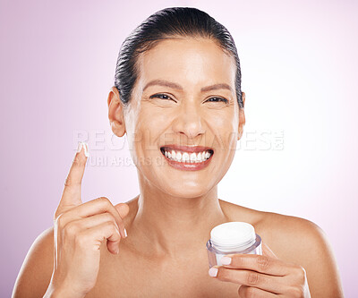 Buy stock photo Face, cream jar and skincare of woman in studio isolated on purple background. Mature portrait, cosmetics and happy female model with dermatology lotion, creme or moisturizer product for healthy skin
