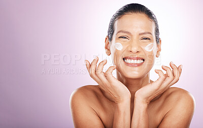 Buy stock photo Face smile, cream and skincare of woman in studio isolated on a purple background mockup. Mature, portrait and female model with dermatology lotion, creme and moisturizer cosmetics for healthy skin.