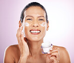 Face, cream jar and skincare of woman in studio isolated on a purple background. Mature, portrait and happy female model with dermatology lotion, creme and moisturizer cosmetics for healthy skin.