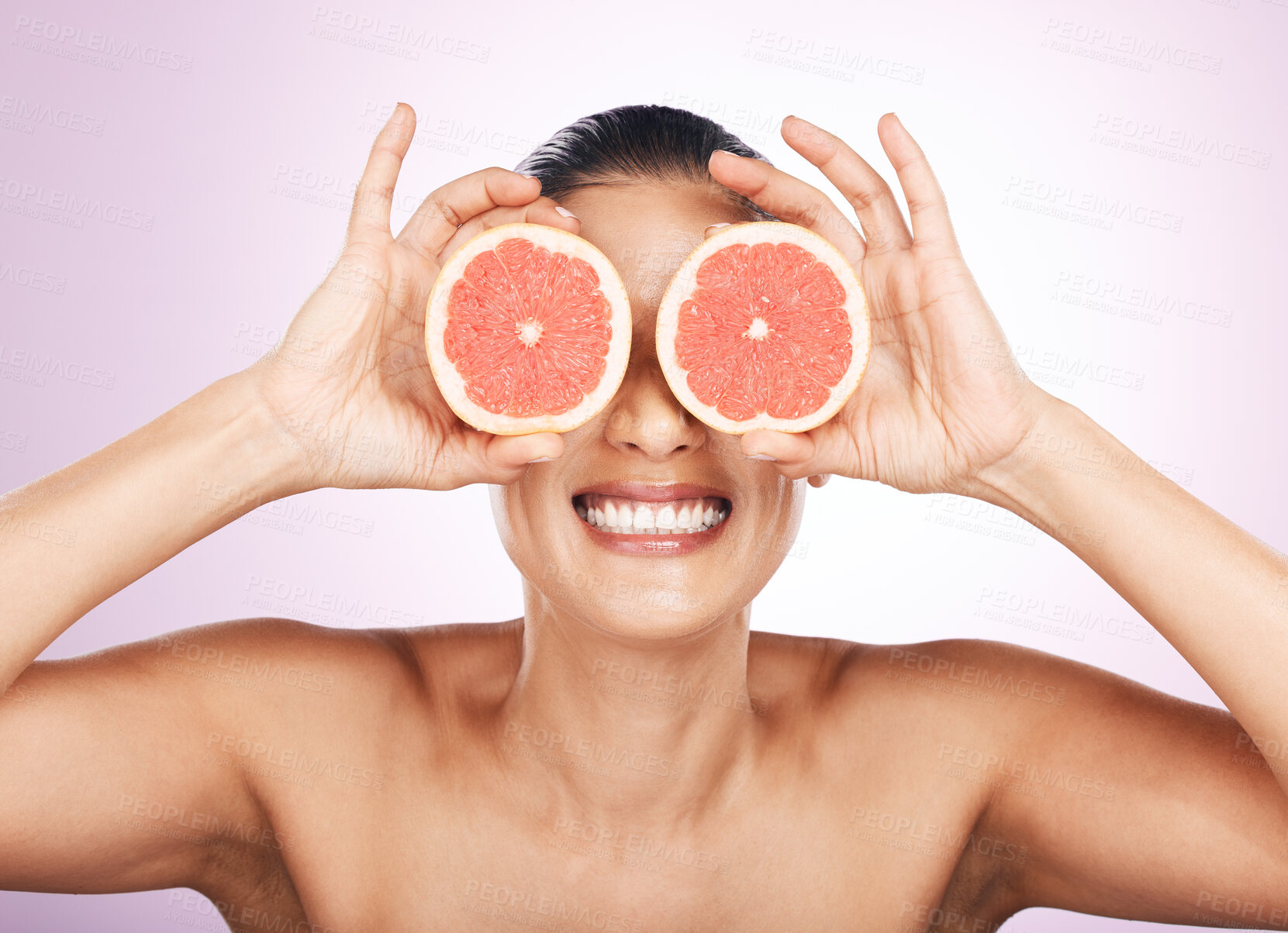 Buy stock photo Face smile, grapefruit and skincare of woman in studio isolated on a purple background. Natural cosmetics, food and happy mature female model with fruit for vitamin c, nutrition and healthy diet.