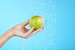 Water drops, apple cleaning and hands with fruit for wellness, healthcare and self care. Healthy food, green and natural skincare with a hand holding health snack for diet in blue background studio