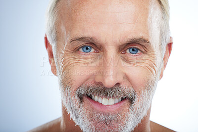 Buy stock photo Old man, portrait and smile, face with beauty and grooming, hygiene with skincare on studio background. Closeup, teeth and dental with anti aging cosmetic care, clean senior male and wellness